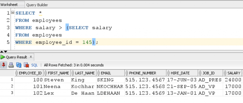 Subquery Example Oracle