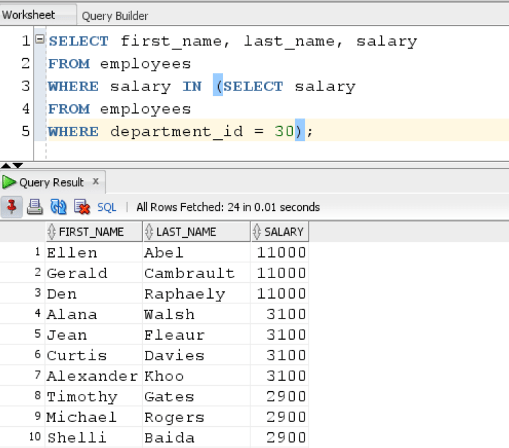 Multiple Rows Subquery Example in Oracle