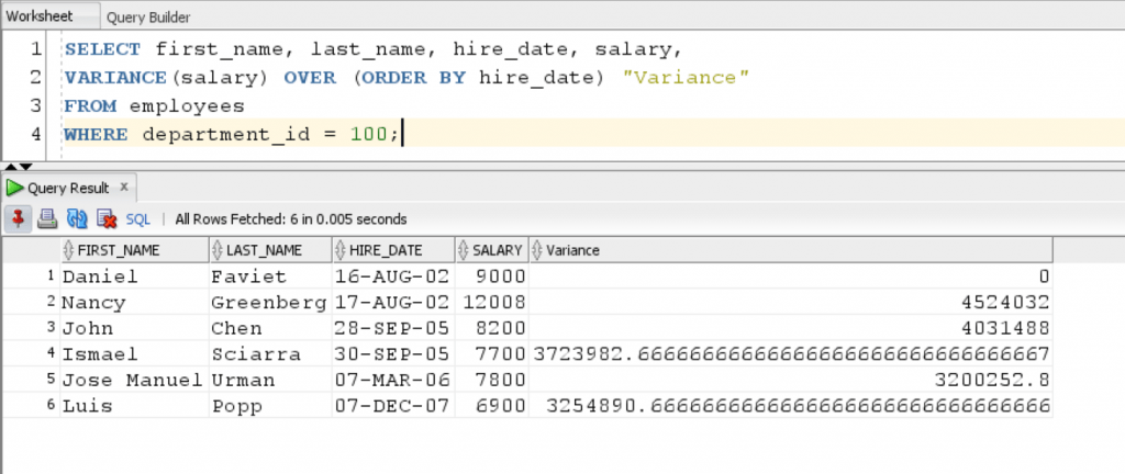 Oracle VARIANCE function Example Analytical