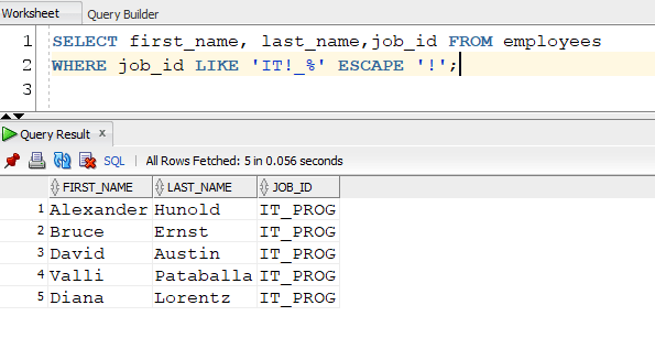 Oracle LIKE Escape Clause Example