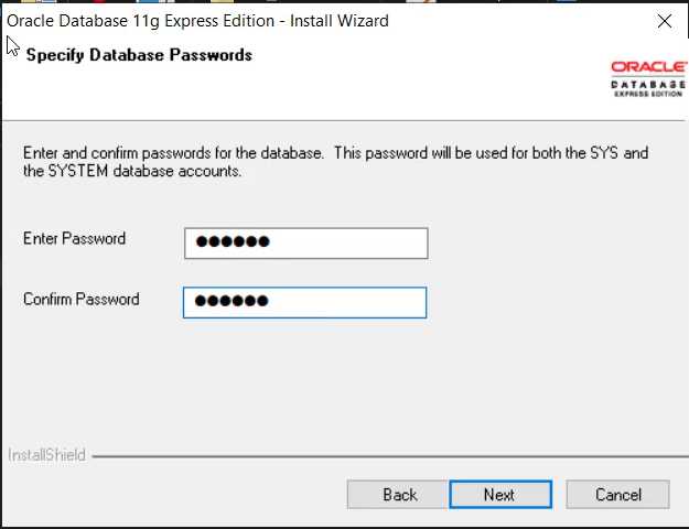 Step 3 - Give Username and Password for SYS and SYSTEM accounts Oracle
