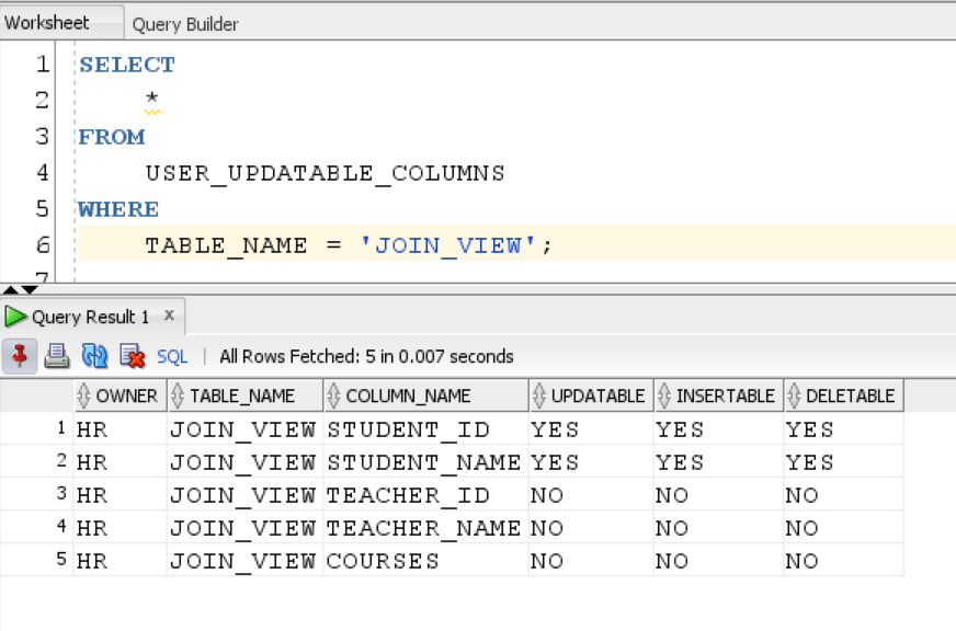 Updatable Columns of Join View